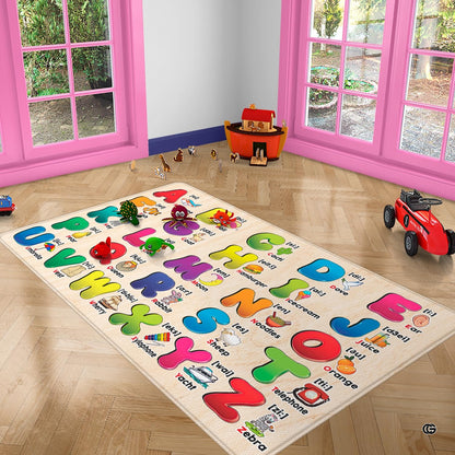 Playroom reading nook decorated with an alphabet chart educational play mat area rug and contemporary kids seating. - thumbnail image 7 of 8