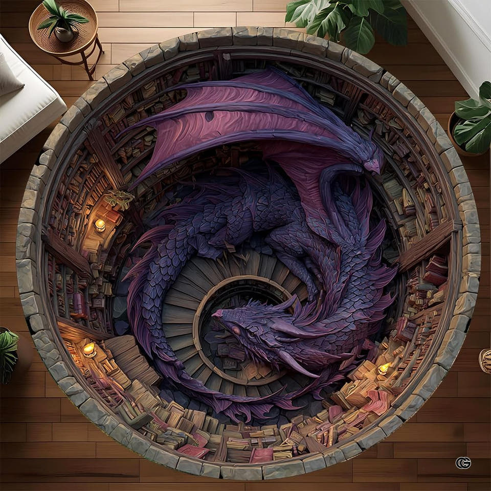 Sleeping dragon round rug illustrating a spiral stone library pit with books and candles.