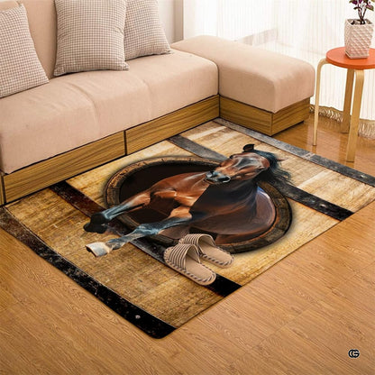 Top-down overhead view of rectangular 3D leaping horse rustic barrel living room area rug - thumbnail image 7 of 7