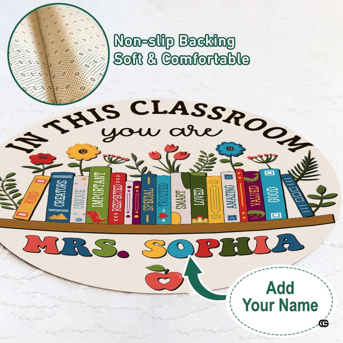 Styling preview of classroom bookshelf and botanical garden artwork on an off-white circular floor rug.
