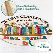 Styling preview of classroom bookshelf and botanical garden artwork on an off-white circular floor rug. - thumbnail image 7 of 7