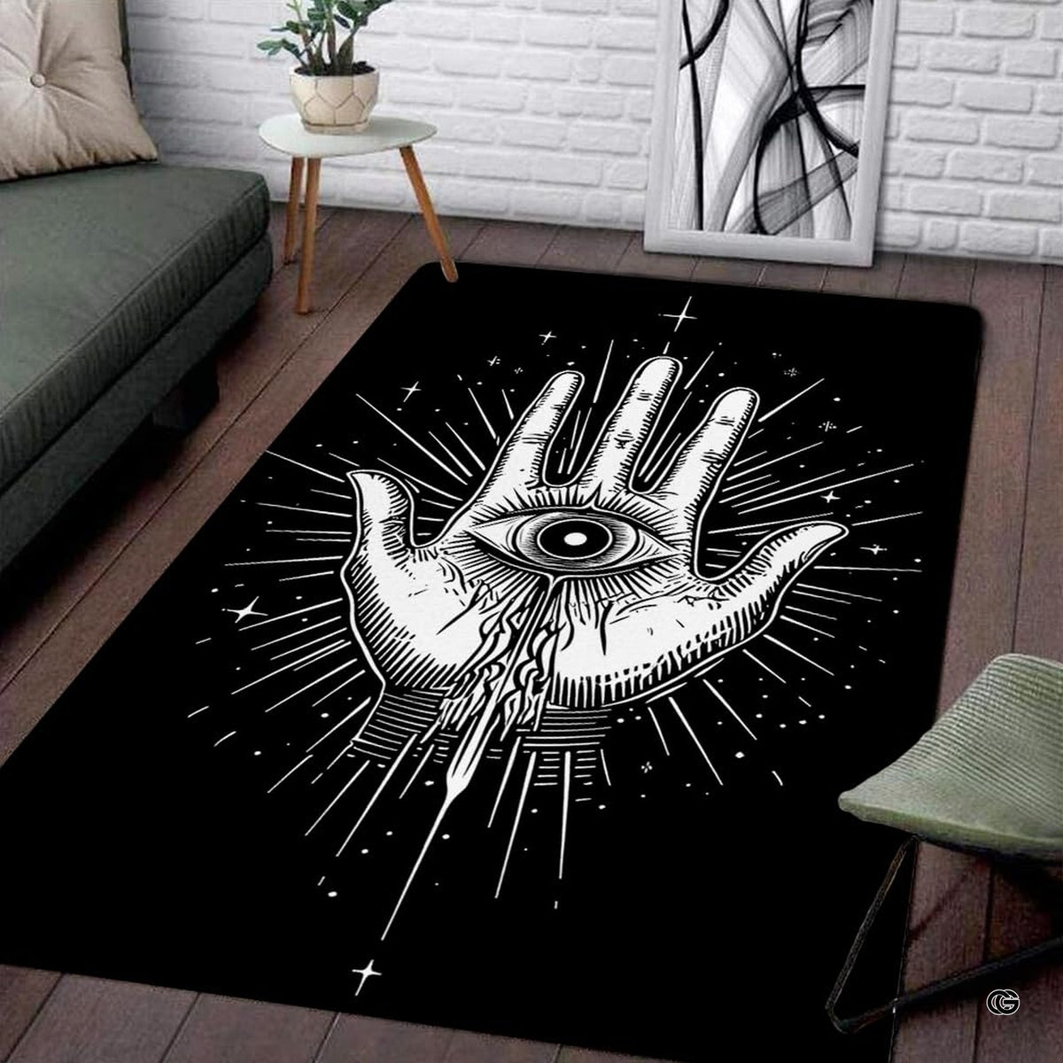 Gothic Hamsa Hand of Fatima area rug featuring celestial beams and all-seeing eye on black.