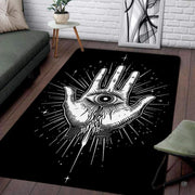 Gothic Hamsa Hand of Fatima area rug featuring celestial beams and all-seeing eye on black. - thumbnail image 1 of 8