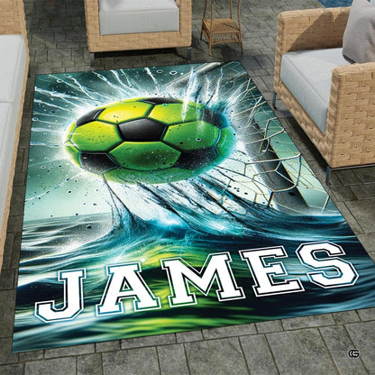 Soccer ball field picture area rug featuring lime green ball bursting into goal net with teal splashes. - thumbnail image 1 of 8