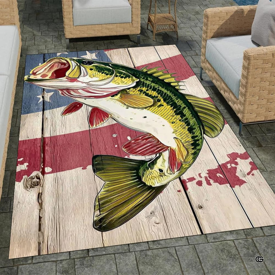 Patriotic bass leaping rustic wood flag plank area rug on outdoor patio pavers