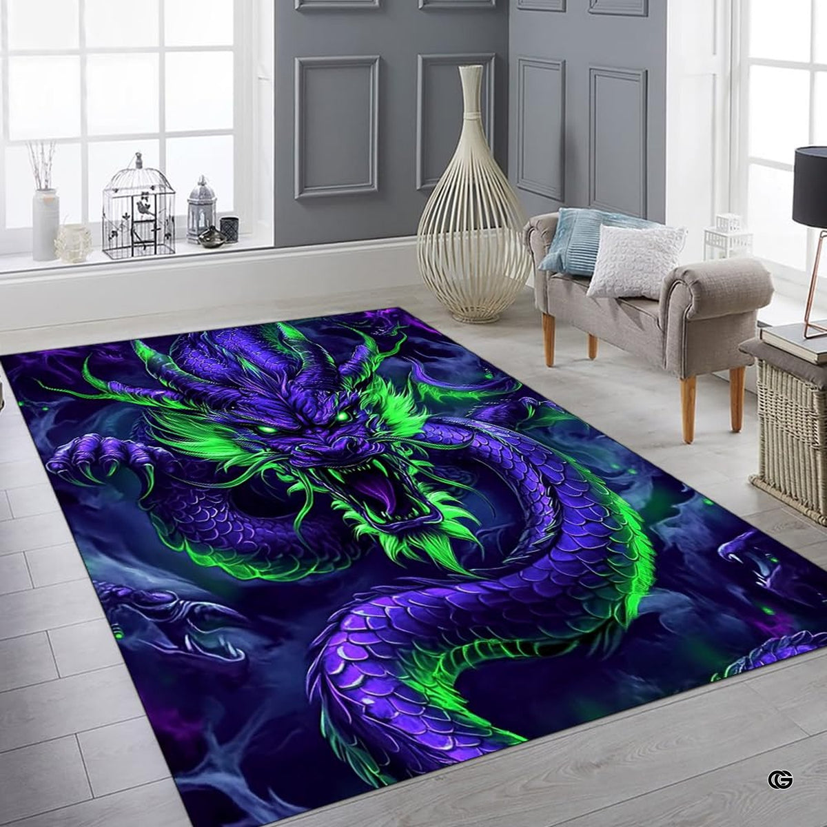 Fantasy dragon art piece introducing bold purple tones and glowing accents to a home gaming setup.
