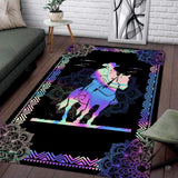 Holographic western cowboy mandala living room area rug with pastel rainbow silhouette on black