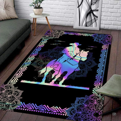 Holographic western cowboy mandala living room area rug with pastel rainbow silhouette on black - thumbnail image 1 of 7