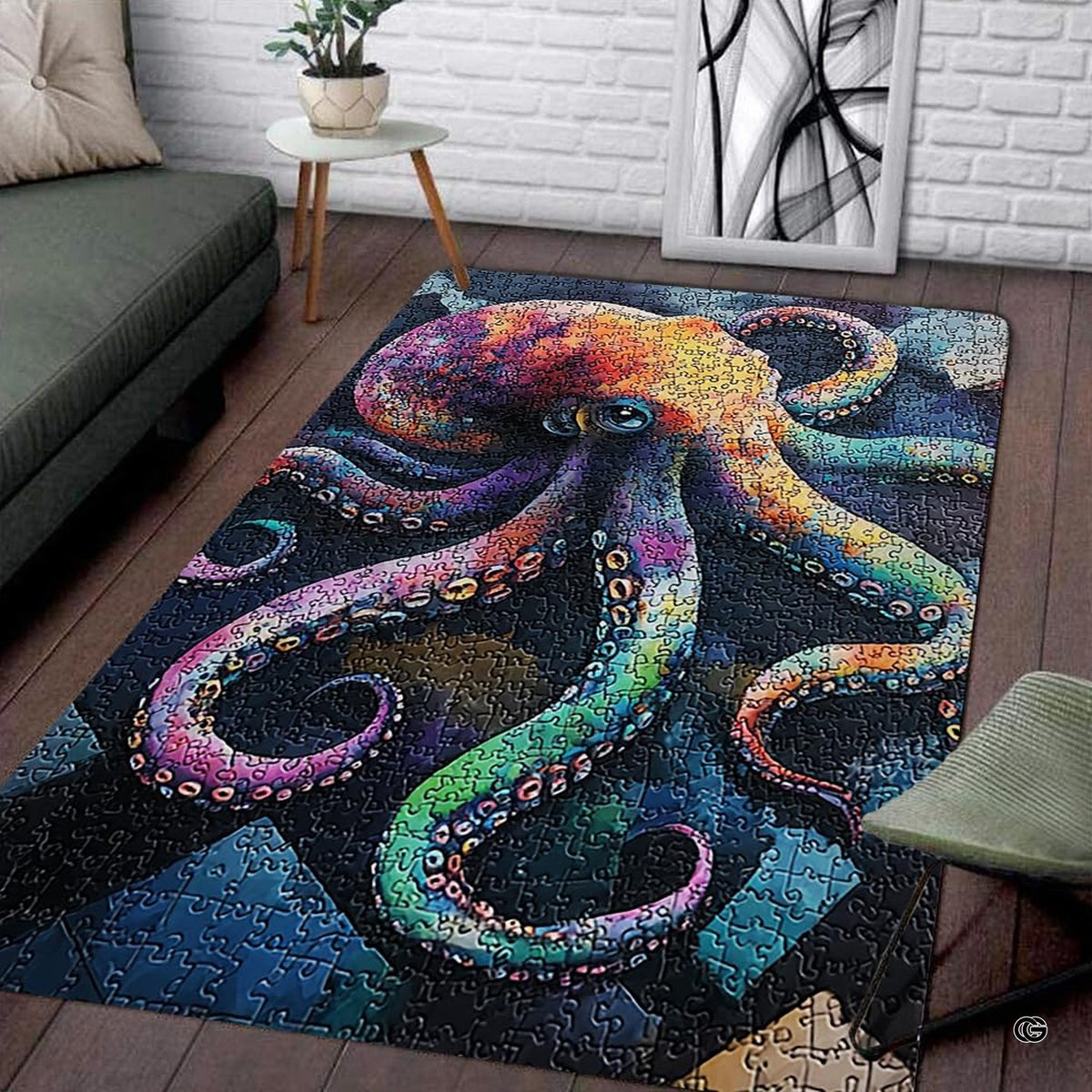 Rainbow puzzle octopus ocean living room area rug with interlocking jigsaw piece texture