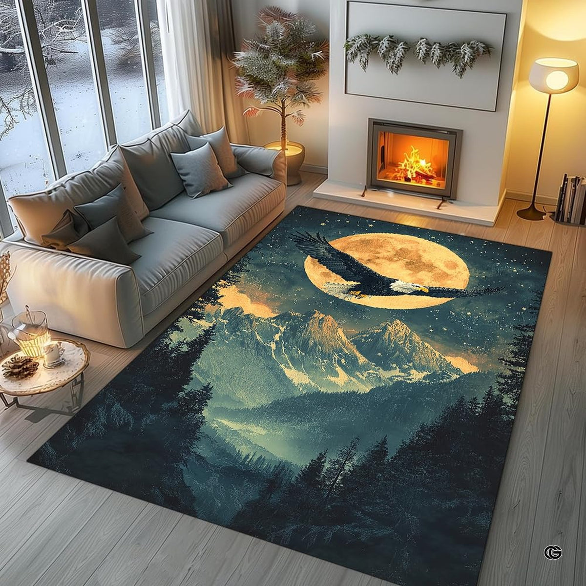 Scenic eagle wildlife floor rug arranged beside modern neutral furniture and dark wooden accents.