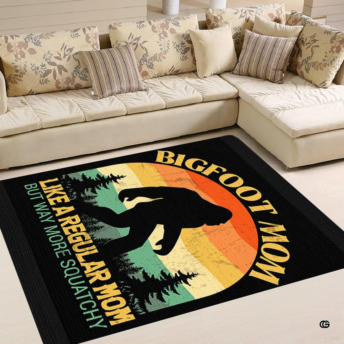 Cozy living room corner with patterned cushions showcasing bigfoot mom squatchy cabin area rug