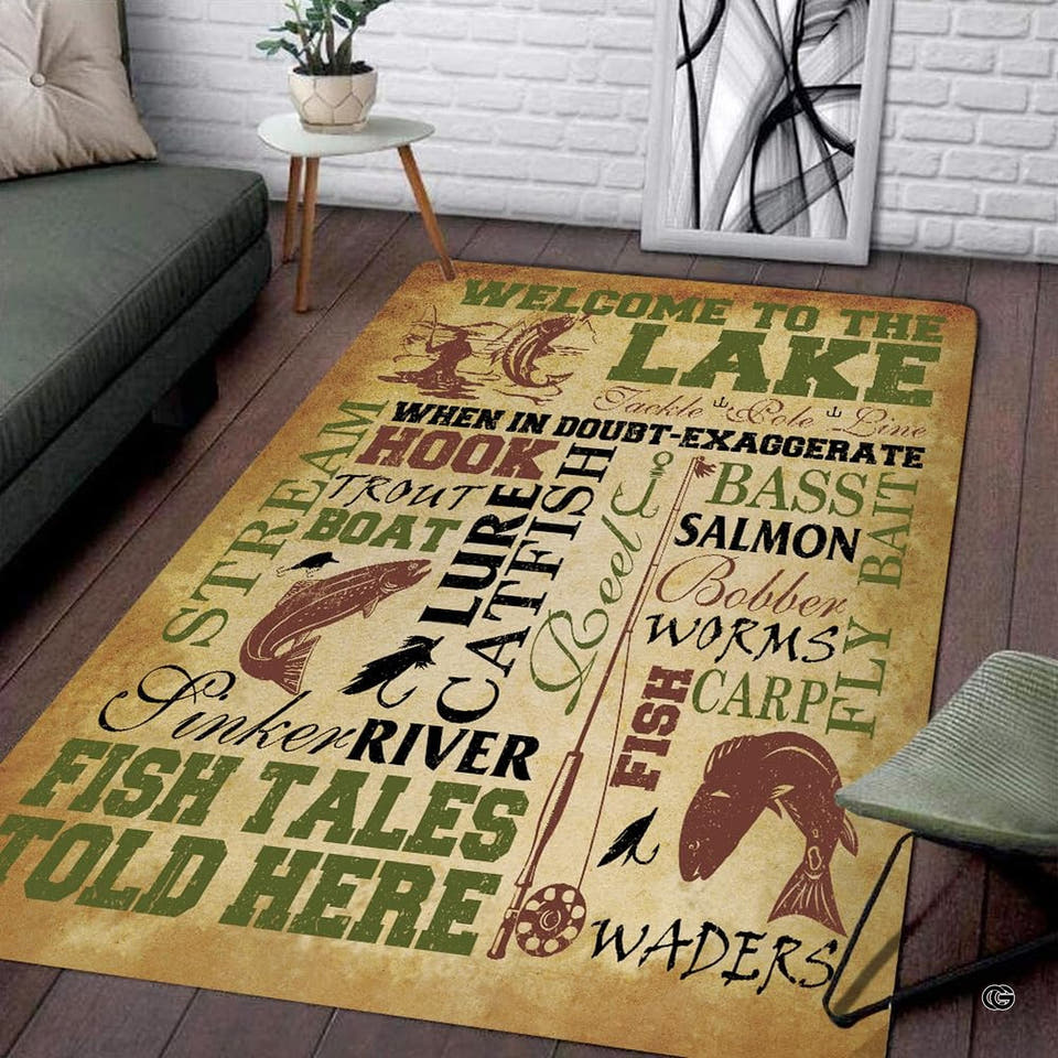 Rustic fishing themed area rug featuring jumping thematic accent illustrations and vintage lodge typography.