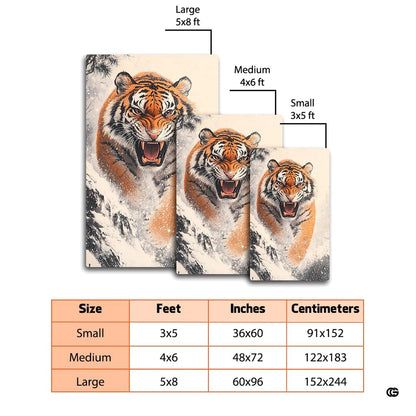 Dimensions and sizing chart for winter snow charging tiger area rug - thumbnail image 2 of 7