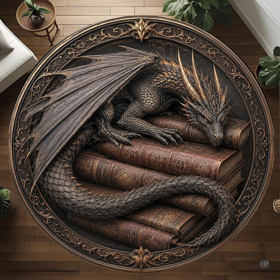 Round dragon rug with dark bronze scales and antique books