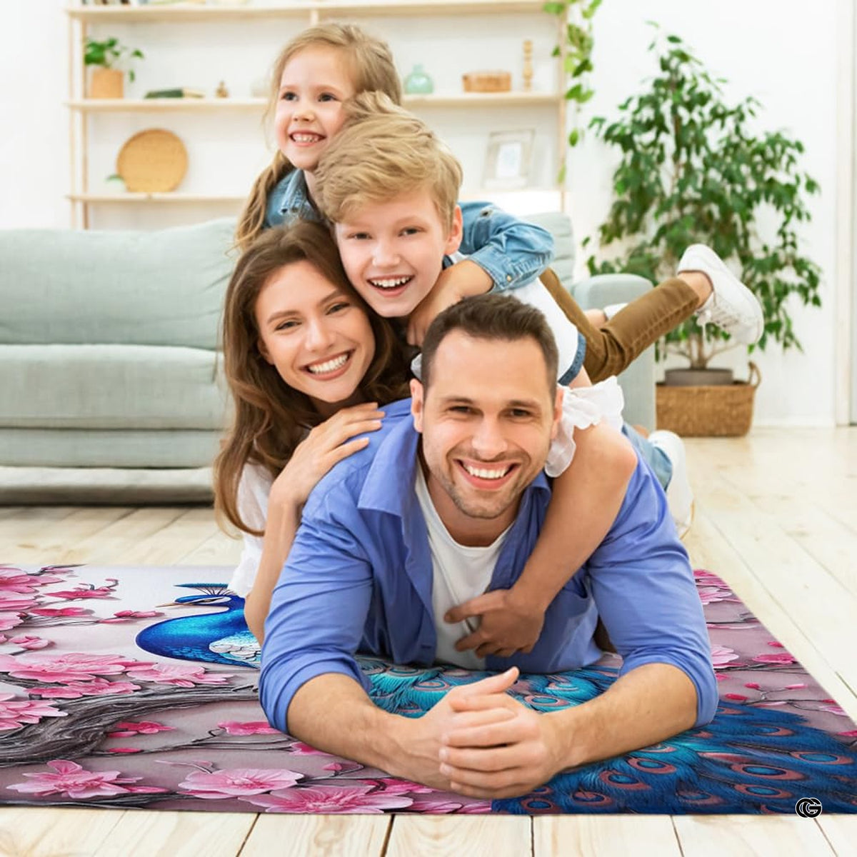 Close-up visual of peacock inspired area rug artwork showing vibrant royal blue feather eyes and floral accents. - image 5 of 7