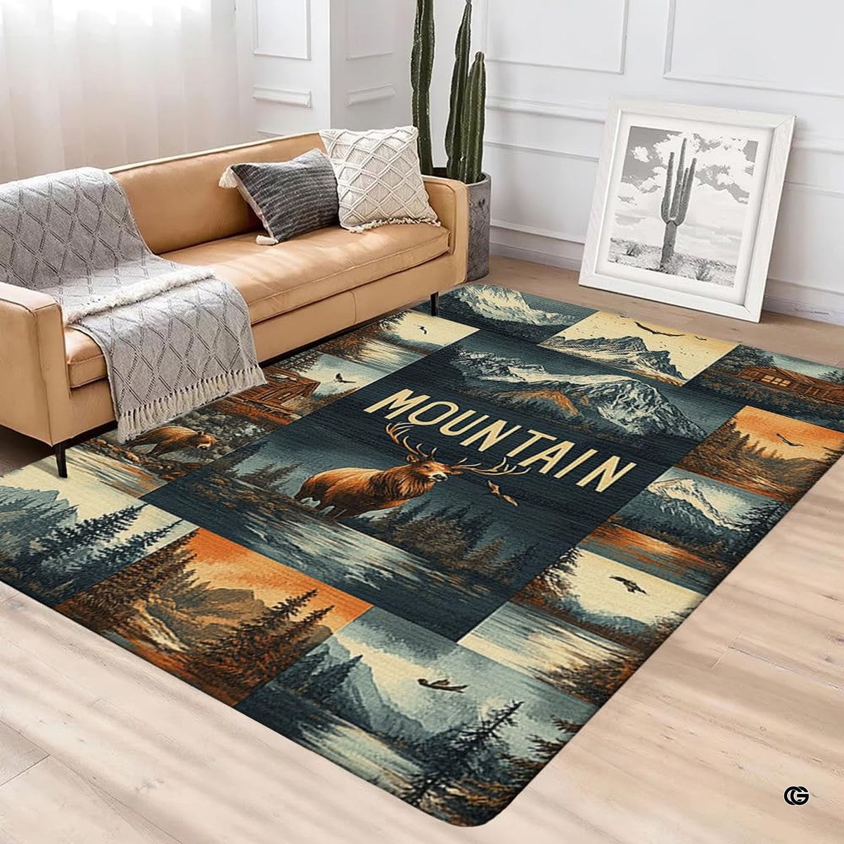 Wilderness area rug styled beside a leather armchair in a rustic living room setting. - image 3 of 5