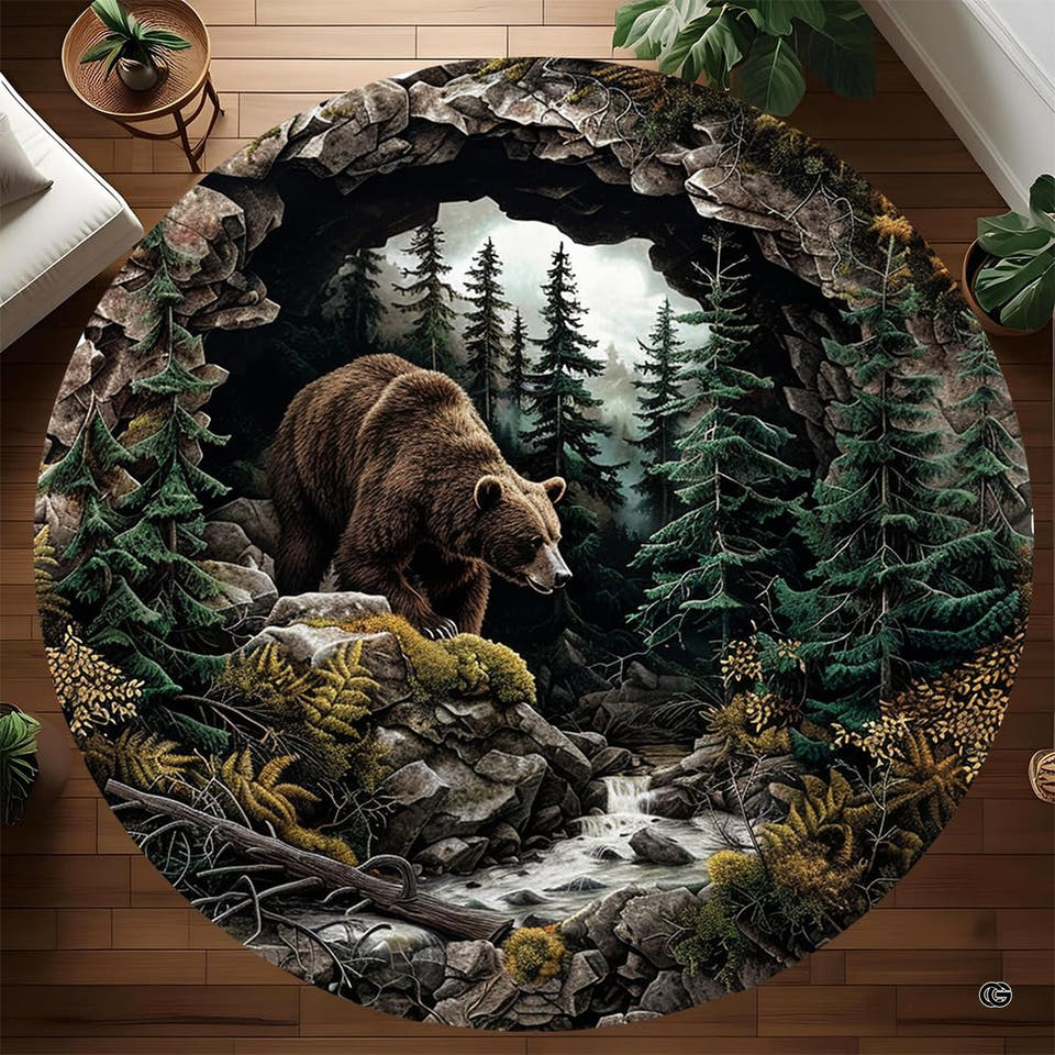 Grizzly bear round animal rug featuring pine trees and mountain stream in a forest cabin room setting