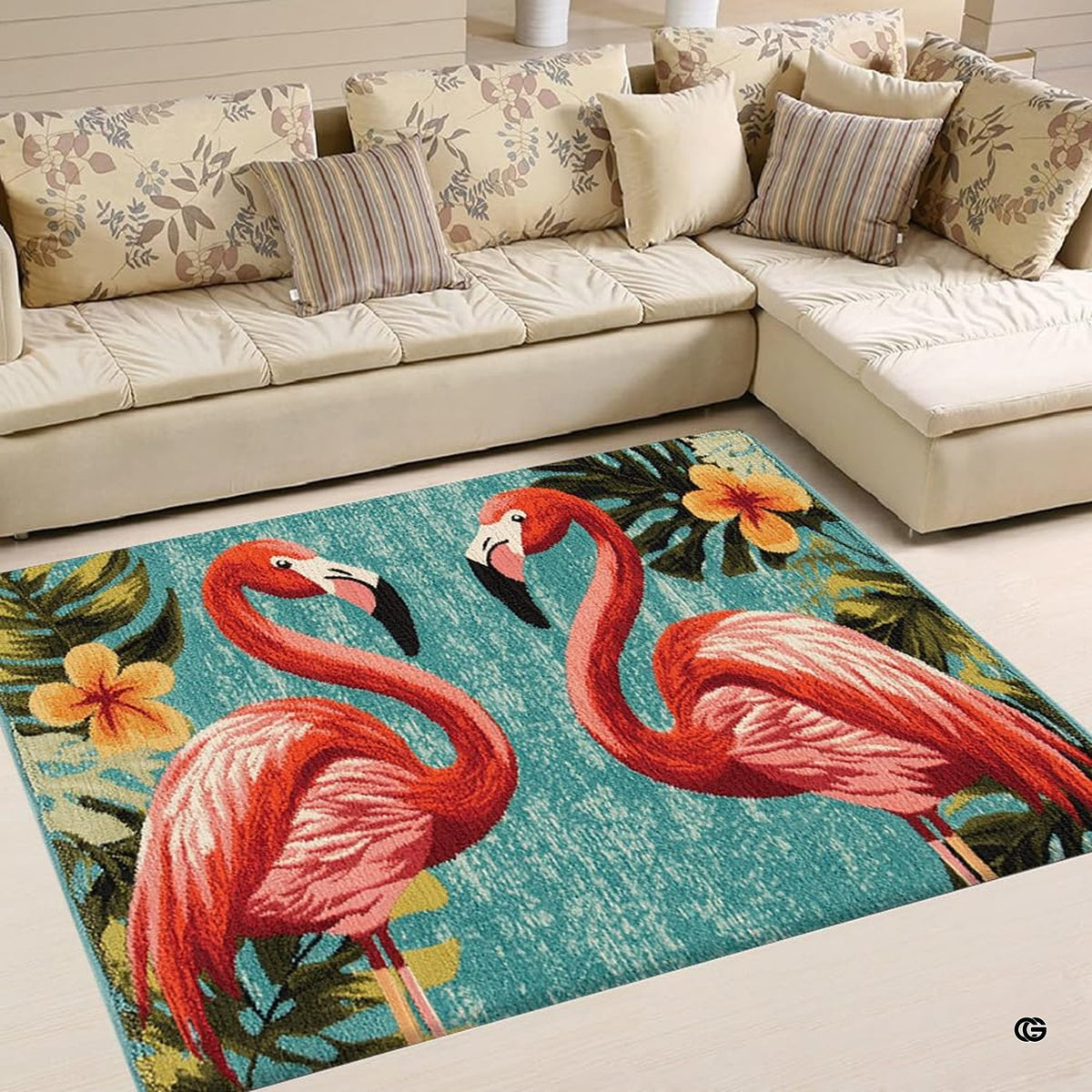 Tropical turquoise flamingo hibiscus living room area rug in front of a sectional couch - image 1 of 7