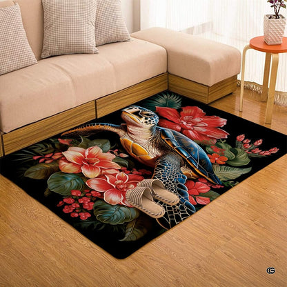 Room scene showcasing oceanic sea turtle decorative rug as an artistic focal centerpiece for home decor. - thumbnail image 7 of 7