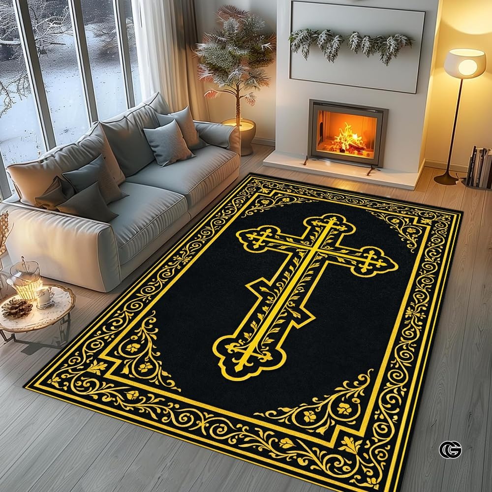 Personalized Orthodox Christian Area Rug, Custom Eastern Orthodox Russian Greek Byzantine Non-Slip Rug for Women Men, IC XC Nika Cross Mat for Living Room, Bedroom, Church Decor (D6)