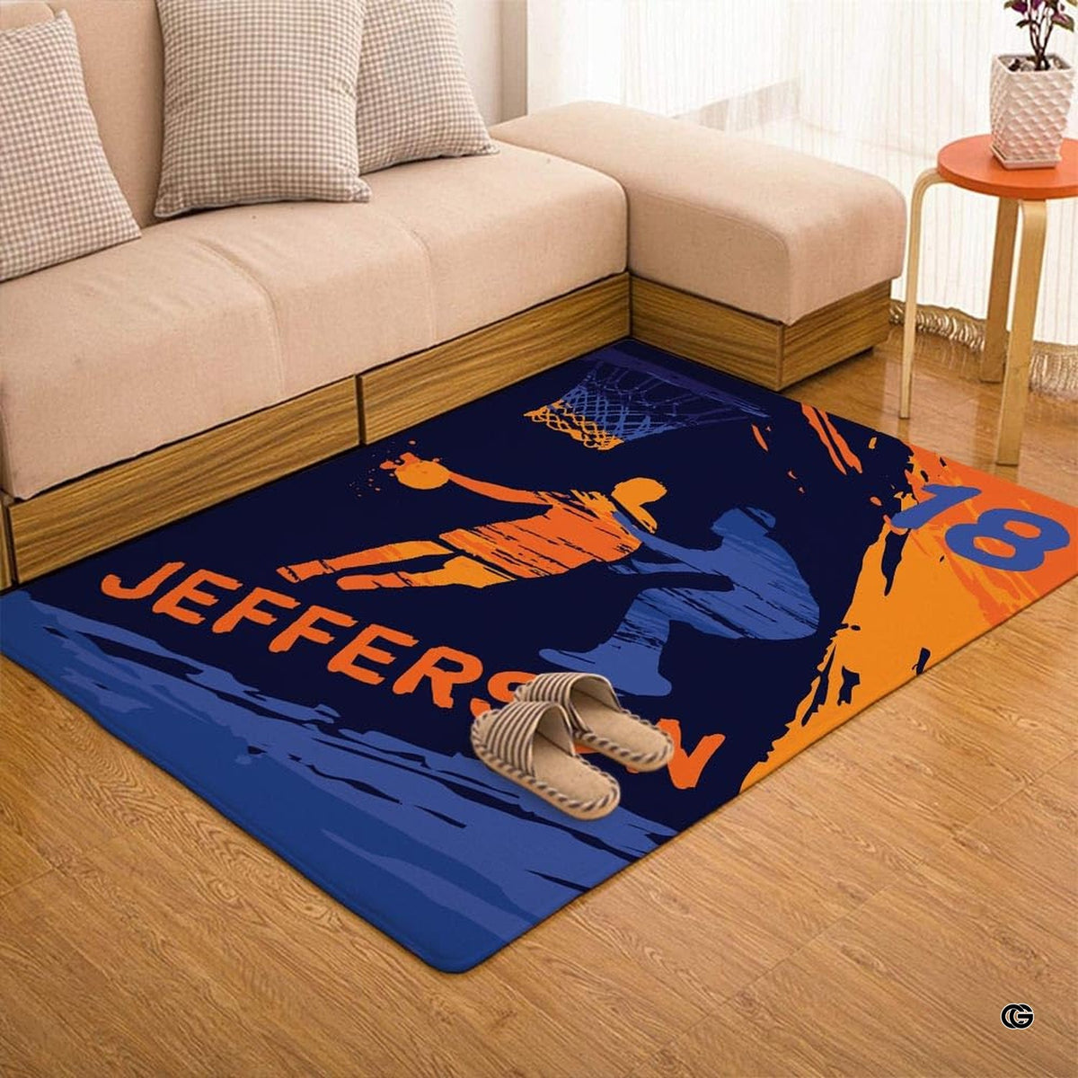 Top-down overhead view of rectangular basketball player living room area rug