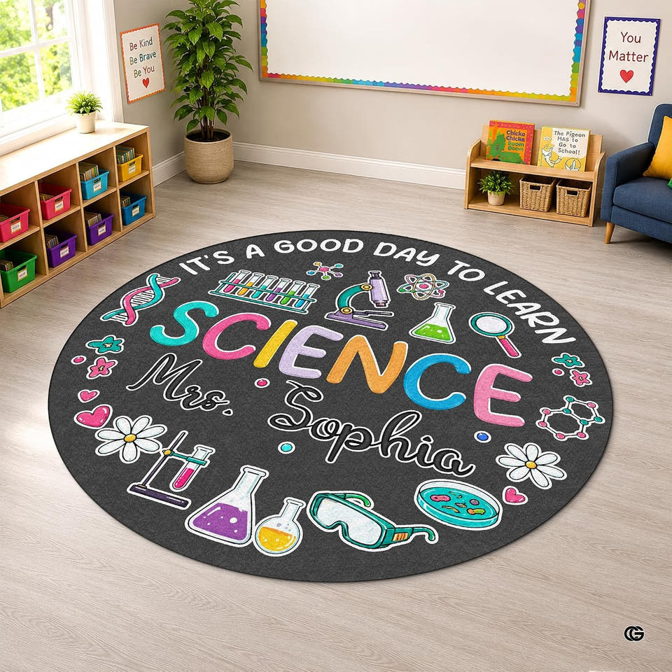 thematic accent themed circle classroom rug displaying colorful microscopes and flasks on a dark chalkboard tone floor.