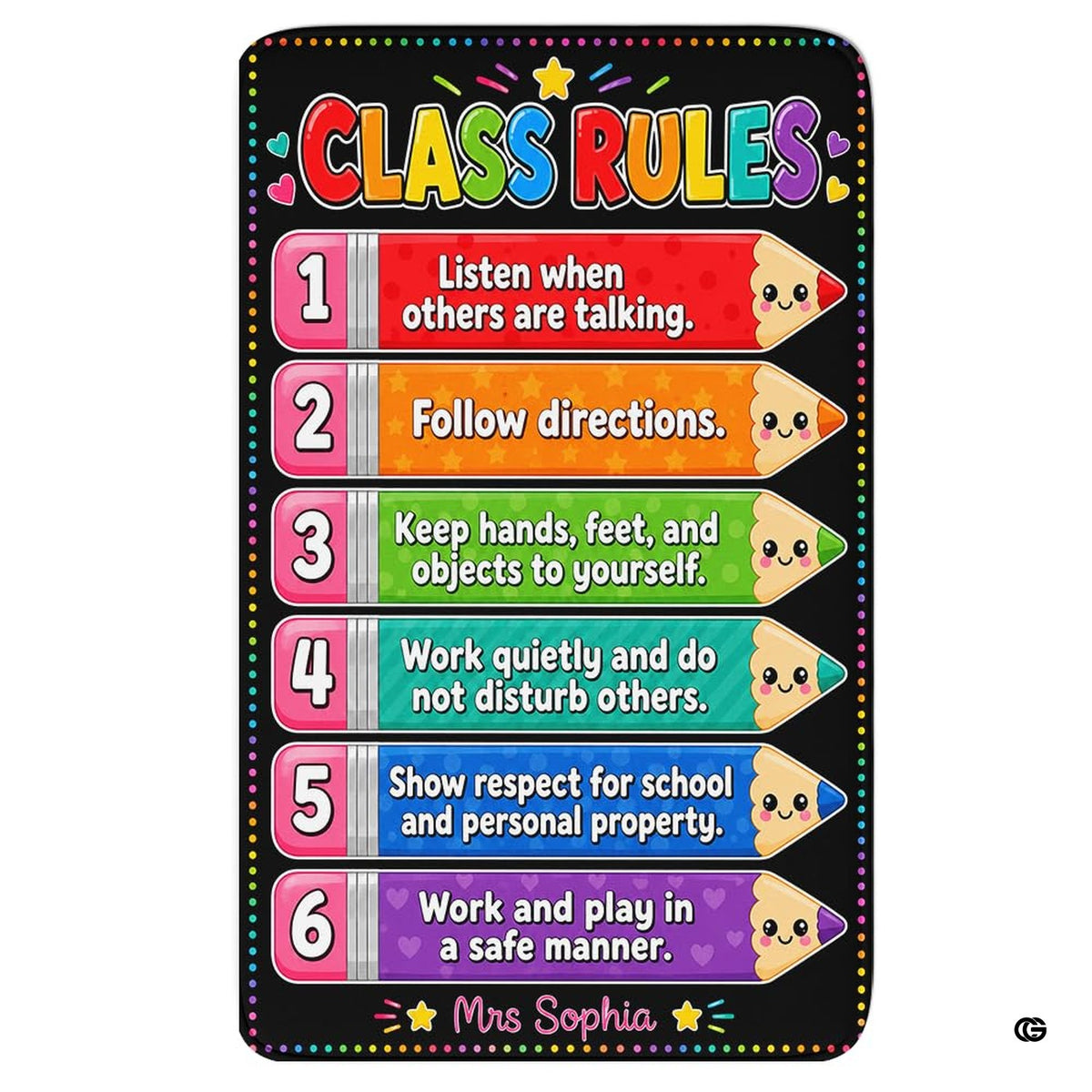 Kids classroom carpet featuring vibrant stacked colored pencils and smiling tips on a black backdrop.