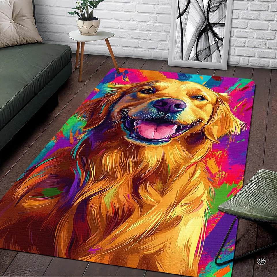 Living room setup with hardwood floor and white brick wall showcasing pop art golden retriever area rug