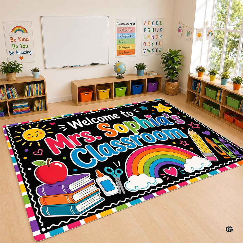 Personalized Teacher Classroom Rug, Custom Back to School Welcome Mat with Name, Kindergarten Preschool Elementary Decor, Composition Notebook Carpet (A09)