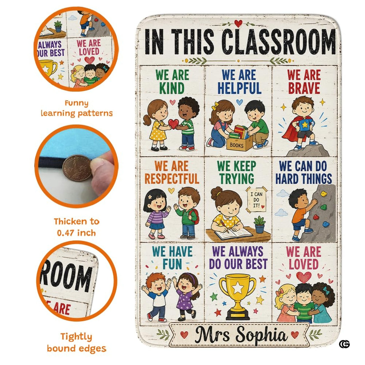 Detailed view of soft corner finish and colorful growth mindset panels on rug.