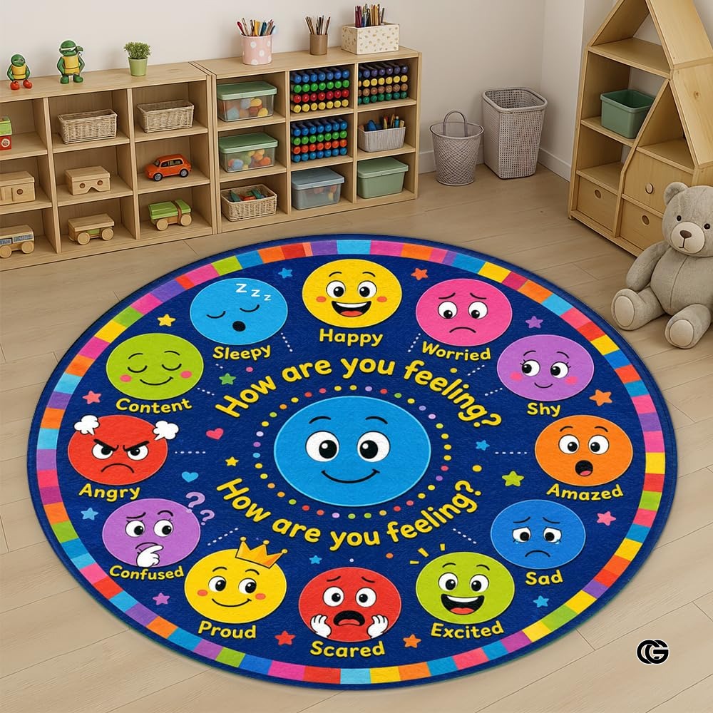 Wheel of Feelings and Emotions Round Rug, Educational Mental Health Rug for Classroom, Educational Animal Shape School Mat, Back to School Gift (Emotion 1)