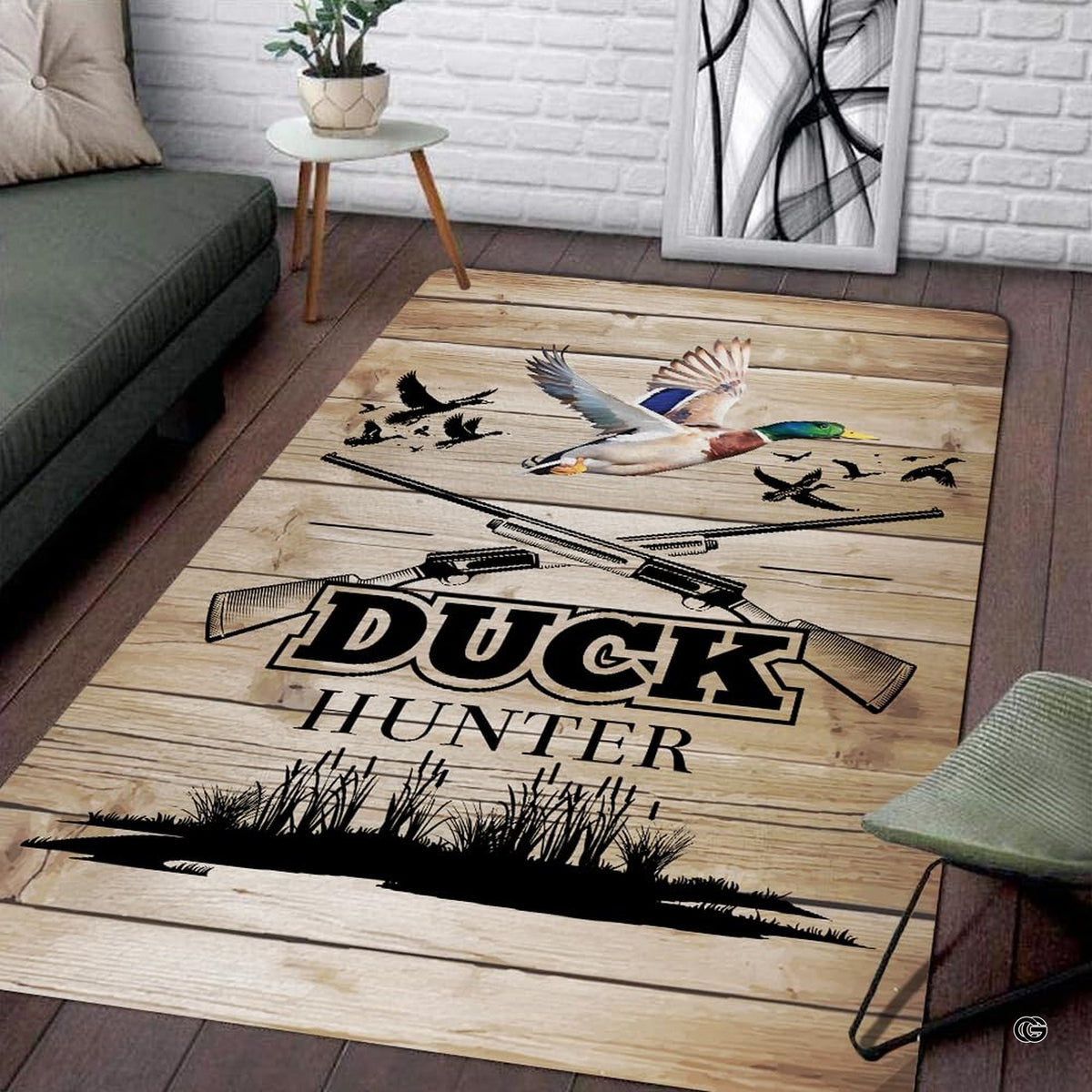 Mallard decorative accent and shotgun illustration on a rustic wood look area rug. - image 1 of 7