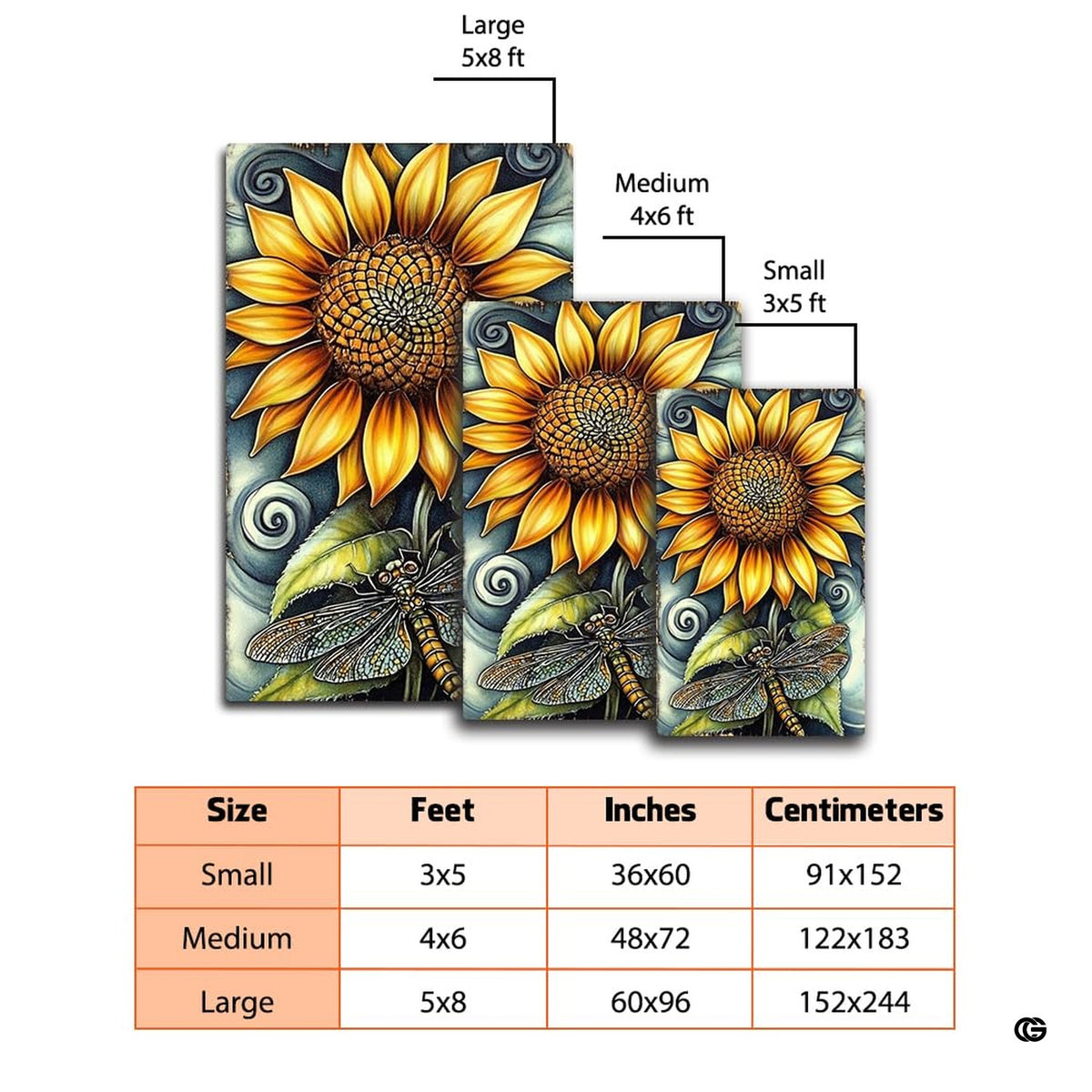 Dimension comparison chart displaying multiple size formats for this dragonfly sunflower area rug.