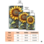 Dimension comparison chart displaying multiple size formats for this dragonfly sunflower area rug. - thumbnail image 2 of 7