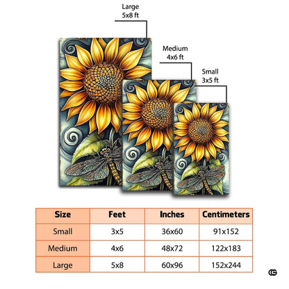 Dimension comparison chart displaying multiple size formats for this dragonfly sunflower area rug. - thumbnail image 2 of 7