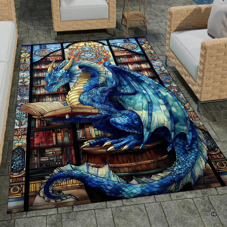 Stained glass scholar dragon area rug displayed flat showing blue dragon reading atop barrel before stained glass library