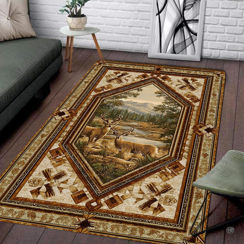 Rustic deer area rug featuring two deer near a mountain lake with southwestern borders in a cabin setting.