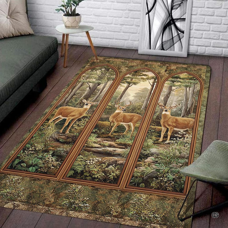 Woodland deer area rug displaying three stags framed by rustic arched window panes in a forest.