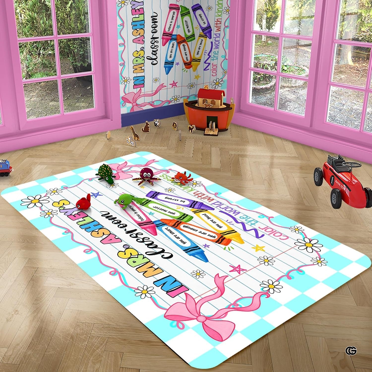 Personalized Teacher Classroom Rug, Custom Back to School Welcome Mat with Name, Kindergarten Preschool Elementary Decor, Composition Notebook Carpet (A06)