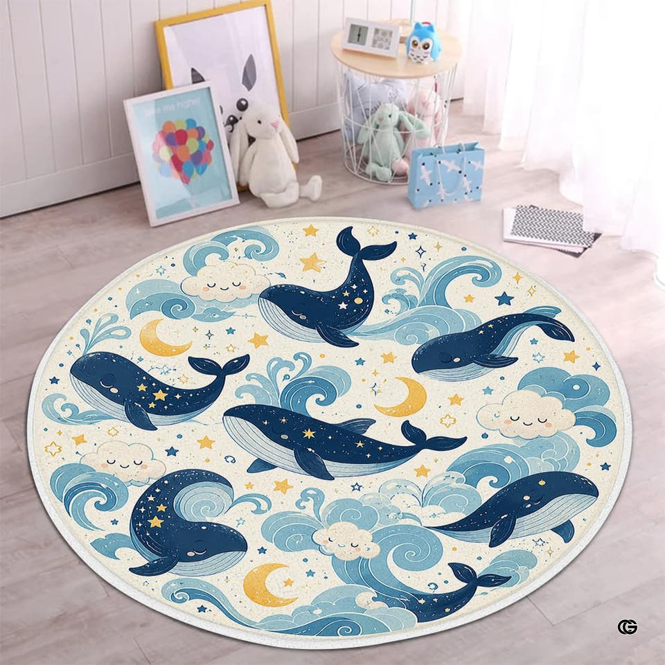 Round whale rug with celestial starry ocean design on cream background.