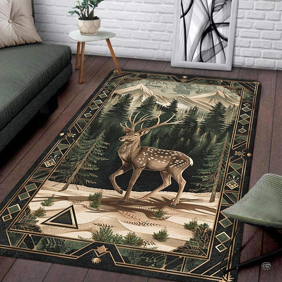 Alpine stag deer and pine forest cabin lodge area rugs displayed on living room hardwood floor.