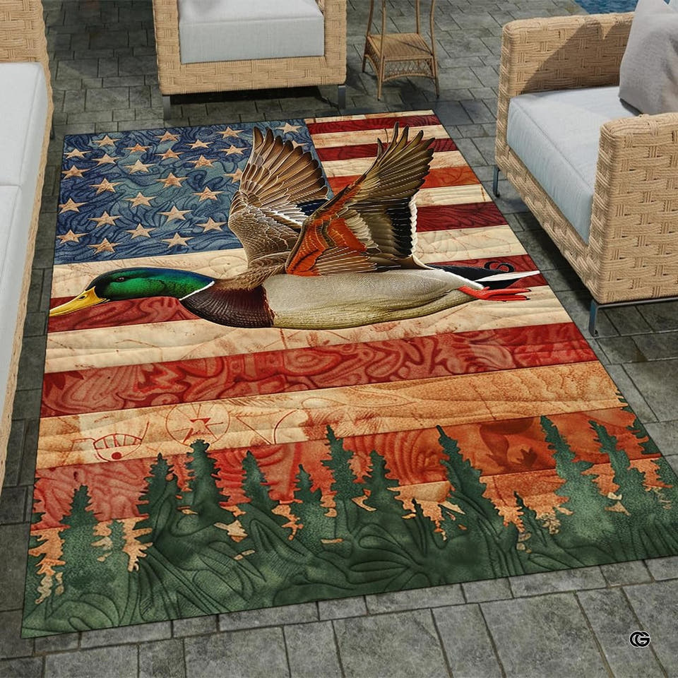 Flying mallard duck American flag rectangular area rug in top overhead view