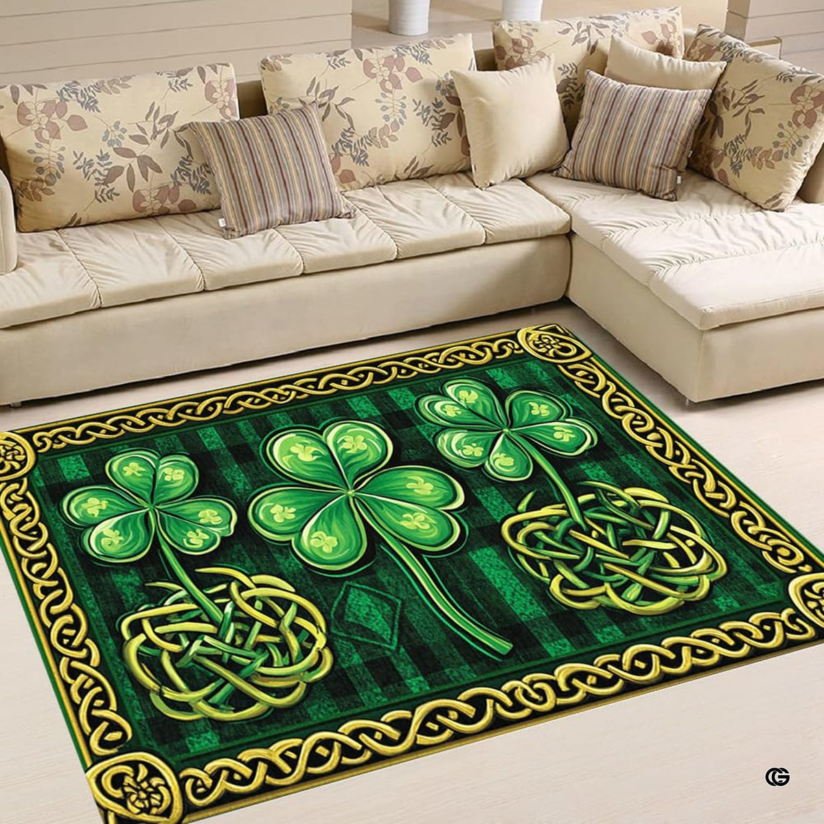Celtic knotwork shamrock plaid living room area rug with golden interlacing knots and tartan ground