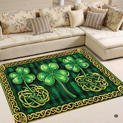Celtic knotwork shamrock plaid living room area rug with golden interlacing knots and tartan ground - thumbnail image 1 of 9