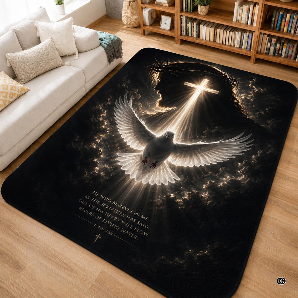 Christ silhouette nursery area rug with radiant cross and dove art