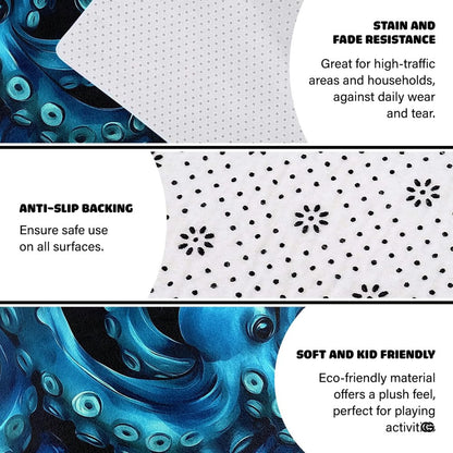 Non-slip dot rubber backing and sturdy edge stitching on octopus rug - thumbnail image 4 of 7