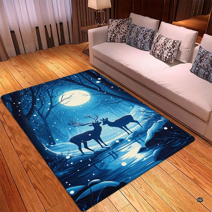 Close-up perspective of night sky area rug highlighting glowing full moon and snowflake artwork. - thumbnail image 2 of 5