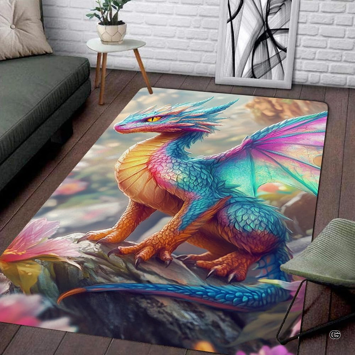 Vibrant pink area rug featuring an ornate dragon with turquoise blue wings perched amid blossoming flora.