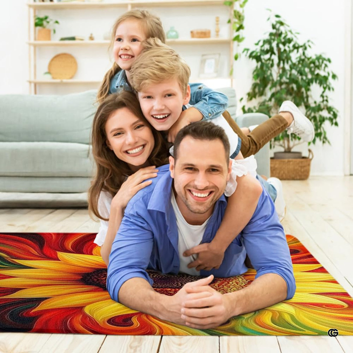 Angled view displaying vibrant amber, fiery red, and forest green gradients across the floor accent. - image 5 of 7