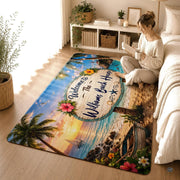 Personalized Tropical Beach Rug, Custom Family Name Tropical Outdoor Rug, Flamingo Surfboard Ocean Area Rug for Living Room, Patio, Beach House Decor, Design 06